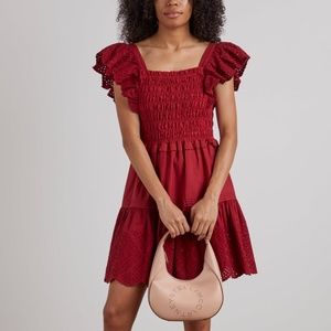 NEW Sea New York Vienne Eyelet Flutter Sleeve Smocked Dress Red Size Medium